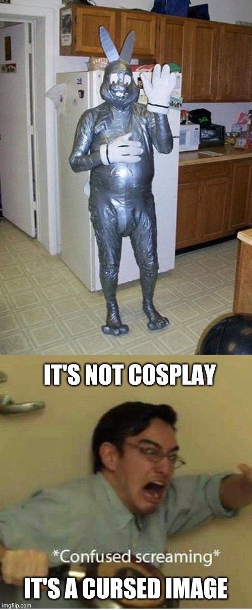 DUCT TAPED BUNNY? | IT'S NOT COSPLAY; IT'S A CURSED IMAGE | image tagged in confused screaming,duct tape,bunny,cosplay,cosplay fail | made w/ Imgflip meme maker