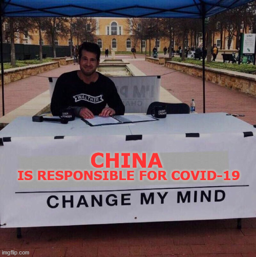 Actual Change My Mind I'd like to see | CHINA; IS RESPONSIBLE FOR COVID-19 | image tagged in change my mind,steven crowder,china,covid-19,coronavirus,memes | made w/ Imgflip meme maker