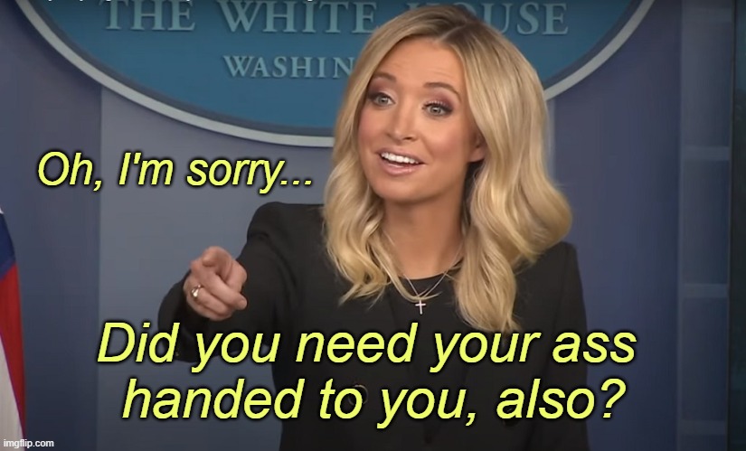 The Mighty Kayleigh McEnany | Oh, I'm sorry... Did you need your ass 
handed to you, also? | image tagged in mcenany,trump,white house | made w/ Imgflip meme maker