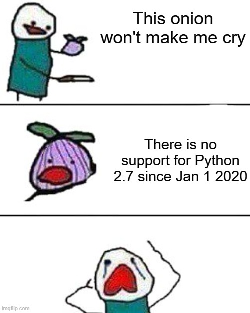 this onion won't make me cry | This onion won't make me cry; There is no support for Python 2.7 since Jan 1 2020 | image tagged in this onion won't make me cry | made w/ Imgflip meme maker