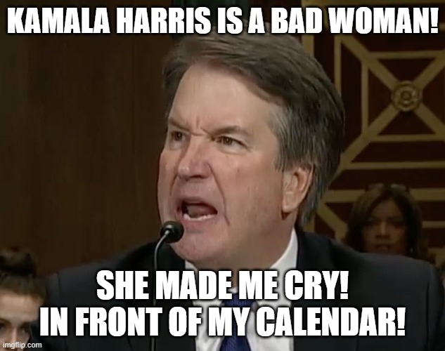 Raging Kavanaugh | KAMALA HARRIS IS A BAD WOMAN! SHE MADE ME CRY! IN FRONT OF MY CALENDAR! | image tagged in raging kavanaugh | made w/ Imgflip meme maker