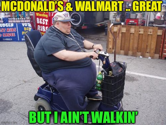 Fat guy on scooter | MCDONALD’S & WALMART .. GREAT BUT I AIN’T WALKIN’ | image tagged in fat guy on scooter | made w/ Imgflip meme maker