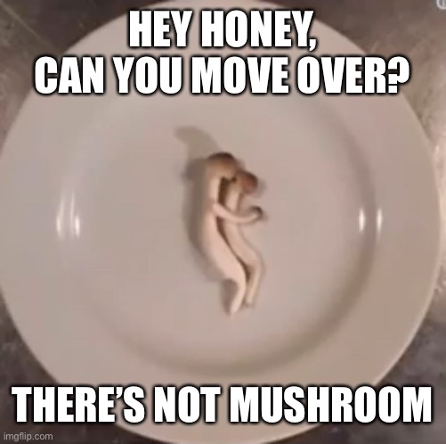 Ohhh the pun.... ohh it’s killing me... | HEY HONEY, CAN YOU MOVE OVER? THERE’S NOT MUSHROOM | image tagged in mushroom,isaac_laugh | made w/ Imgflip meme maker