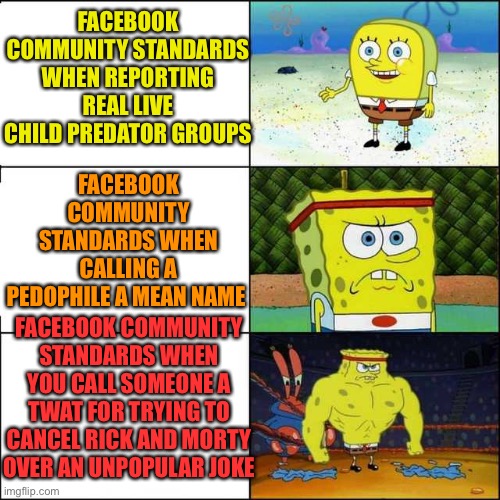 KILL CANCEL CULTURE AND FB WITH FIRE | FACEBOOK COMMUNITY STANDARDS WHEN REPORTING REAL LIVE CHILD PREDATOR GROUPS; FACEBOOK COMMUNITY STANDARDS WHEN CALLING A PEDOPHILE A MEAN NAME; FACEBOOK COMMUNITY STANDARDS WHEN YOU CALL SOMEONE A TWAT FOR TRYING TO CANCEL RICK AND MORTY OVER AN UNPOPULAR JOKE | image tagged in spongebob strong,cancel culture,cancelled,rick and morty | made w/ Imgflip meme maker