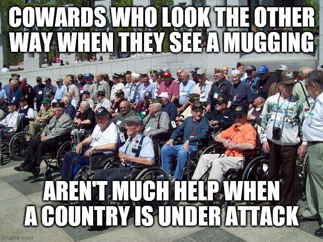Musings of a WW2 Vet | COWARDS WHO LOOK THE OTHER WAY WHEN THEY SEE A MUGGING; AREN'T MUCH HELP WHEN A COUNTRY IS UNDER ATTACK | image tagged in ww2 veterans | made w/ Imgflip meme maker