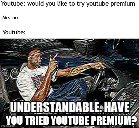 UNDERSTANDABLE, HAVE A GREAT DAY | Youtube: would you like to try youtube premium; Me: no; Youtube:; THTRHG; YOU TRIED YOUTUBE PREMIUM? HFHHHTRHGFSHH | image tagged in understandable have a great day | made w/ Imgflip meme maker