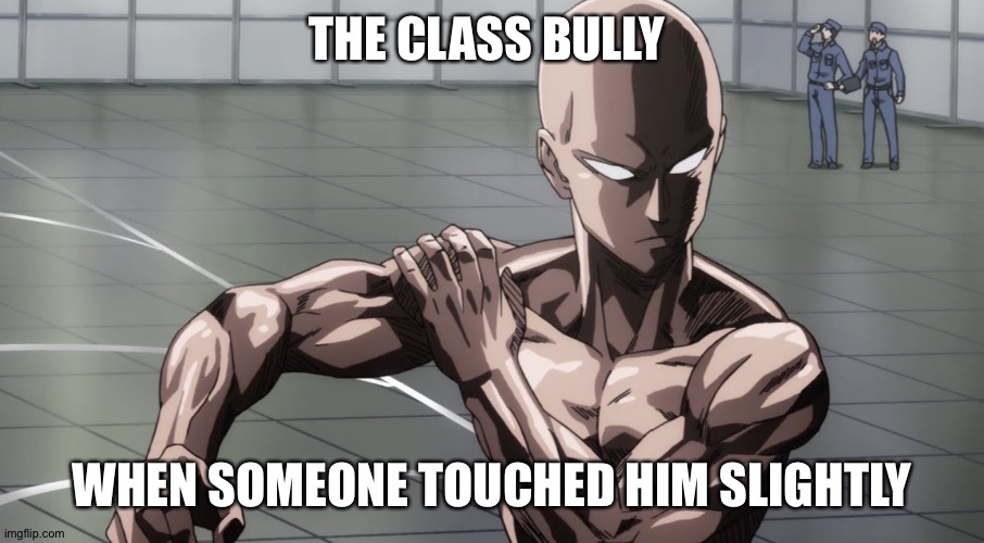Saitama - One Punch Man, Anime | THE CLASS BULLY; WHEN SOMEONE TOUCHED HIM SLIGHTLY | image tagged in saitama - one punch man anime | made w/ Imgflip meme maker