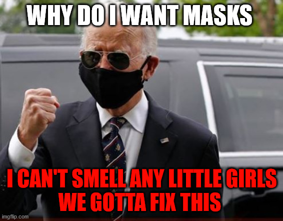 Biden with Mask | WHY DO I WANT MASKS; I CAN'T SMELL ANY LITTLE GIRLS
WE GOTTA FIX THIS | image tagged in biden with mask | made w/ Imgflip meme maker