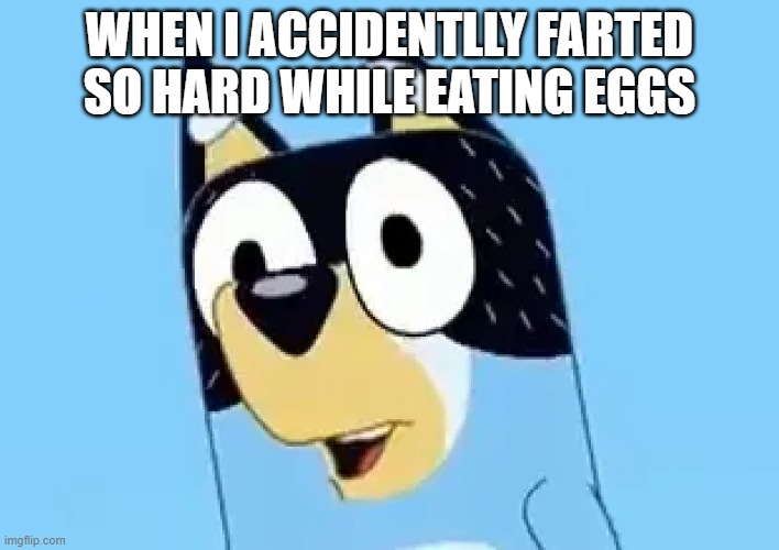 O o O | WHEN I ACCIDENTLLY FARTED SO HARD WHILE EATING EGGS | image tagged in bandit,egg,fart | made w/ Imgflip meme maker