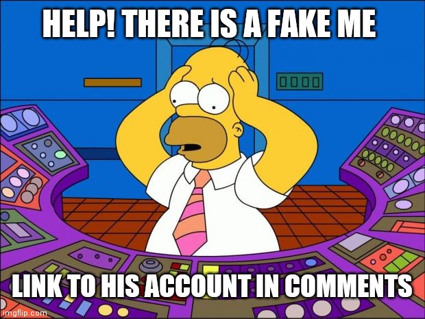 Homer Panic | HELP! THERE IS A FAKE ME; LINK TO HIS ACCOUNT IN COMMENTS | image tagged in homer panic | made w/ Imgflip meme maker