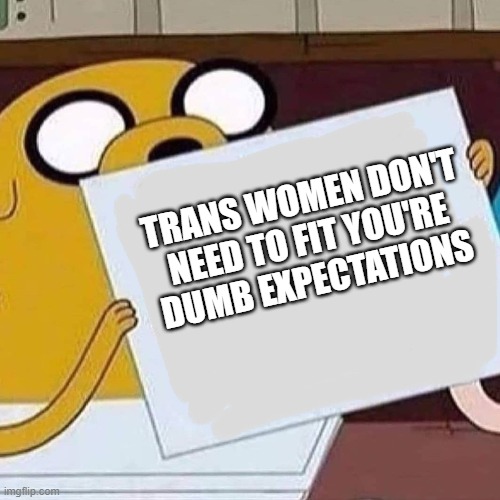 Jake The Dog Blank | TRANS WOMEN DON'T NEED TO FIT YOU'RE DUMB EXPECTATIONS | image tagged in jake the dog blank | made w/ Imgflip meme maker