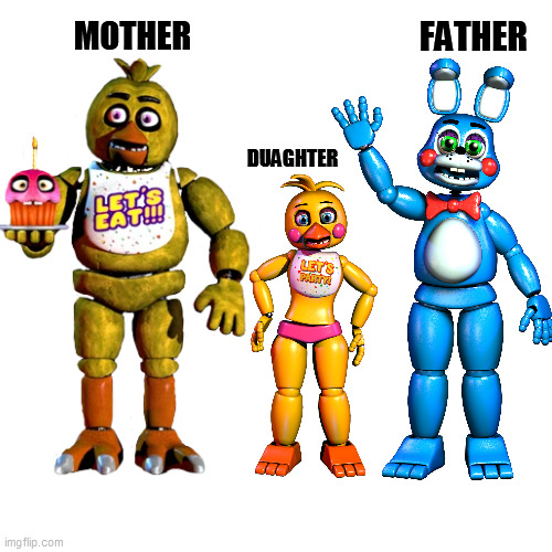 Toy Chica and Her Parents | FATHER; MOTHER; DUAGHTER | image tagged in chica,chica from fnaf 2,toy bonnie fnaf | made w/ Imgflip meme maker