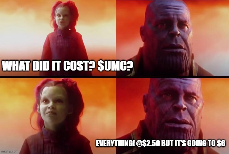 $UMC | WHAT DID IT COST? $UMC? EVERYTHING! @$2.50 BUT IT'S GOING TO $6 | image tagged in thanos what did it cost,stock market | made w/ Imgflip meme maker