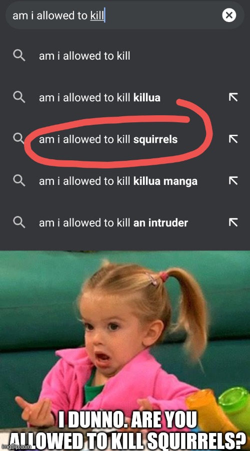 Am I? | I DUNNO. ARE YOU ALLOWED TO KILL SQUIRRELS? | image tagged in i don't know good luck charlie,squirrel,i dunno,google search | made w/ Imgflip meme maker
