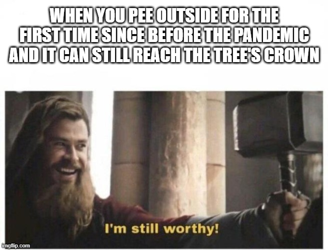 I'm still worthy | WHEN YOU PEE OUTSIDE FOR THE FIRST TIME SINCE BEFORE THE PANDEMIC AND IT CAN STILL REACH THE TREE'S CROWN | image tagged in i'm still worthy,memes | made w/ Imgflip meme maker