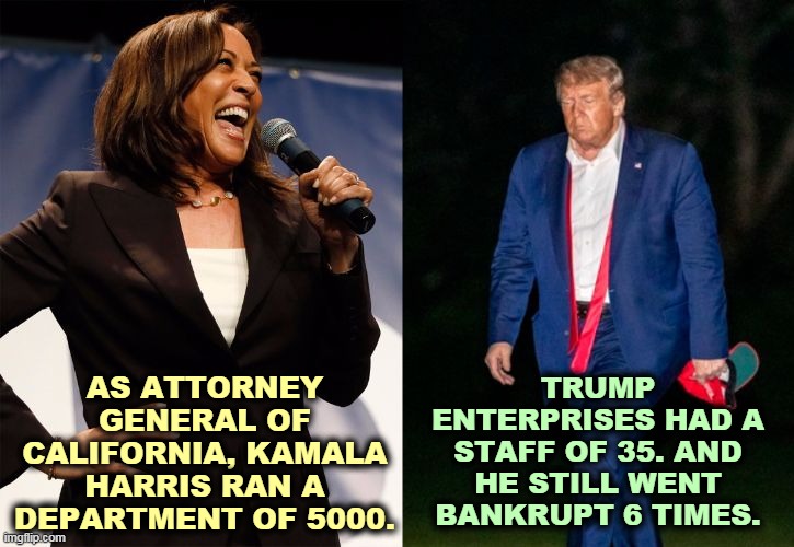 She's a helluva lot more qualified to run a country than he is. | AS ATTORNEY GENERAL OF CALIFORNIA, KAMALA HARRIS RAN A DEPARTMENT OF 5000. TRUMP ENTERPRISES HAD A STAFF OF 35. AND HE STILL WENT BANKRUPT 6 TIMES. | image tagged in kamala harris,smart,experience,trump,incompetence,idiot | made w/ Imgflip meme maker