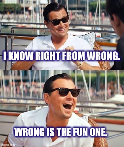 It’s the fun one | I KNOW RIGHT FROM WRONG. WRONG IS THE FUN ONE. | image tagged in memes,leonardo dicaprio,right,wrong,fun,comparison | made w/ Imgflip meme maker