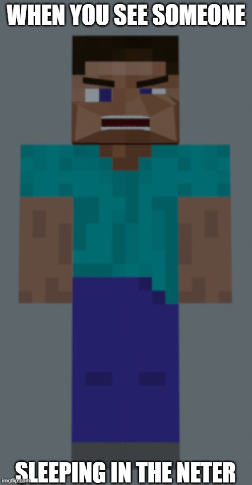Confused Steve First ever meme | WHEN YOU SEE SOMEONE; SLEEPING IN THE NETER | image tagged in minecraft,sleeping in the nether,illegal minecraft stuff,memes,funny,dastarminers awesome memes | made w/ Imgflip meme maker