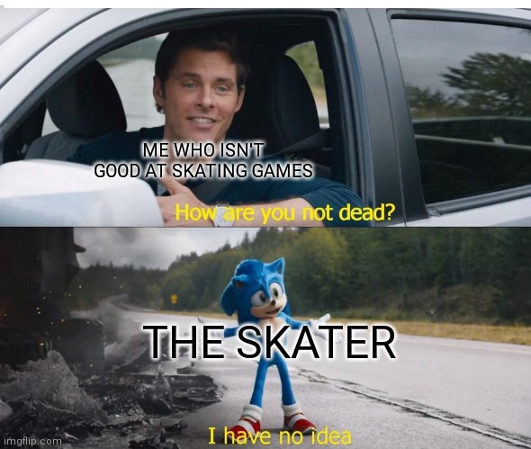 sonic how are you not dead | ME WHO ISN'T GOOD AT SKATING GAMES; THE SKATER | image tagged in sonic how are you not dead | made w/ Imgflip meme maker