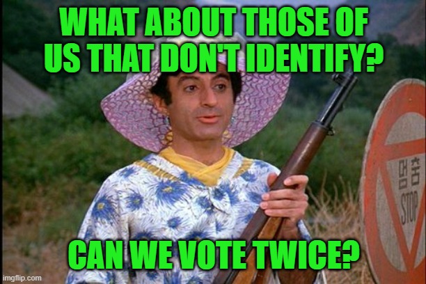 MASH Transgender | WHAT ABOUT THOSE OF US THAT DON'T IDENTIFY? CAN WE VOTE TWICE? | image tagged in mash transgender | made w/ Imgflip meme maker