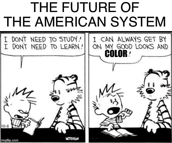 Calvin and hobbes | THE FUTURE OF THE AMERICAN SYSTEM; COLOR | image tagged in blank white template,calvin and hobbes,funny,memes | made w/ Imgflip meme maker