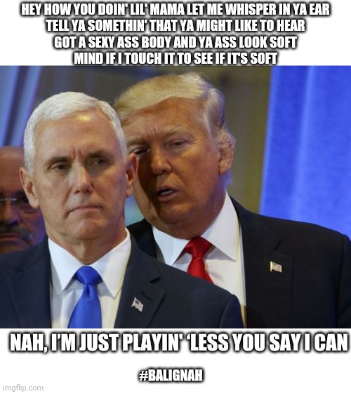 Shhhhh | HEY HOW YOU DOIN' LIL' MAMA LET ME WHISPER IN YA EAR
TELL YA SOMETHIN' THAT YA MIGHT LIKE TO HEAR
GOT A SEXY ASS BODY AND YA ASS LOOK SOFT
MIND IF I TOUCH IT TO SEE IF IT'S SOFT; NAH, I’M JUST PLAYIN' ‘LESS YOU SAY I CAN; #BALIGNAH | image tagged in trump whispers into pence ear,donald trump,trump,original meme | made w/ Imgflip meme maker