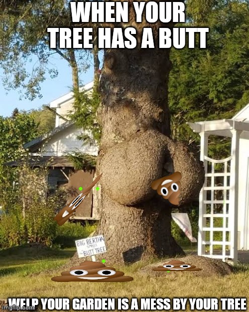 eww poop | WHEN YOUR TREE HAS A BUTT; WELP YOUR GARDEN IS A MESS BY YOUR TREE | image tagged in butt tree | made w/ Imgflip meme maker