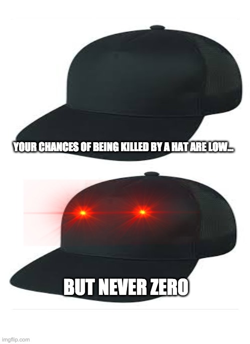 Blank Template | YOUR CHANCES OF BEING KILLED BY A HAT ARE LOW... BUT NEVER ZERO | image tagged in blank template | made w/ Imgflip meme maker