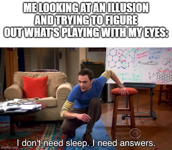 I Don't Need Sleep. I Need Answers | ME LOOKING AT AN ILLUSION AND TRYING TO FIGURE OUT WHAT'S PLAYING WITH MY EYES: | image tagged in i don't need sleep i need answers | made w/ Imgflip meme maker