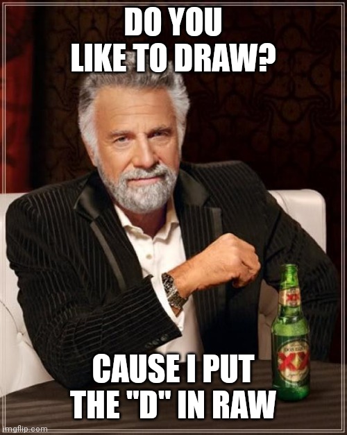 Draw | DO YOU LIKE TO DRAW? CAUSE I PUT THE "D" IN RAW | image tagged in memes,the most interesting man in the world | made w/ Imgflip meme maker