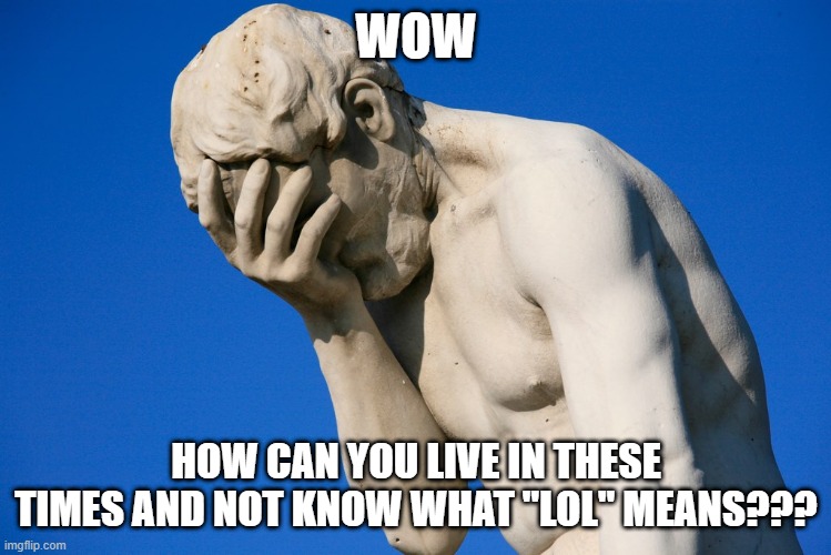 Embarrassed statue  | WOW HOW CAN YOU LIVE IN THESE TIMES AND NOT KNOW WHAT "LOL" MEANS??? | image tagged in embarrassed statue | made w/ Imgflip meme maker