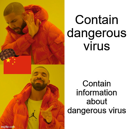 This outbreak was 100% avoidable! | Contain dangerous virus; Contain information about dangerous virus | image tagged in memes,drake hotline bling,prc,big trouble in little china,coronavirus | made w/ Imgflip meme maker