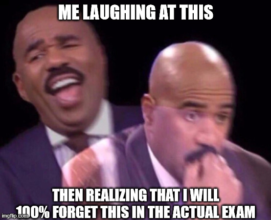 ME LAUGHING AT THIS THEN REALIZING THAT I WILL 100% FORGET THIS IN THE ACTUAL EXAM | image tagged in steve harvey laughing serious | made w/ Imgflip meme maker