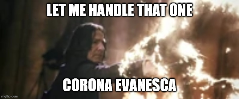 Snape casting a spell | LET ME HANDLE THAT ONE CORONA EVANESCA | image tagged in snape casting a spell | made w/ Imgflip meme maker