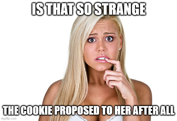 Dumb Blonde | IS THAT SO STRANGE THE COOKIE PROPOSED TO HER AFTER ALL | image tagged in dumb blonde | made w/ Imgflip meme maker