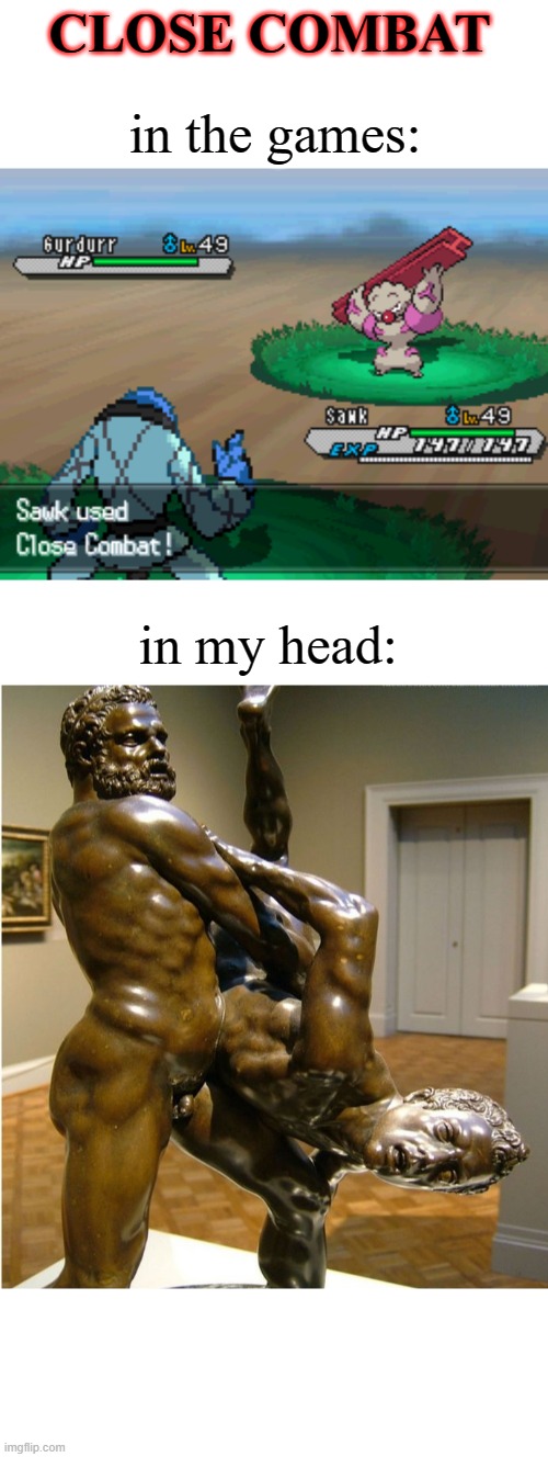 close combat in pokemon | CLOSE COMBAT; in the games:; in my head: | image tagged in pokemon | made w/ Imgflip meme maker