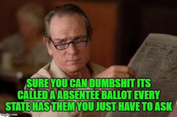 no country for old men tommy lee jones | SURE YOU CAN DUMBSHIT ITS CALLED A ABSENTEE BALLOT EVERY STATE HAS THEM YOU JUST HAVE TO ASK | image tagged in no country for old men tommy lee jones | made w/ Imgflip meme maker