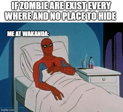 Spiderman Hospital | IF ZOMBIE ARE EXIST EVERY WHERE AND NO PLACE TO HIDE; ME AT WAKANDA: | image tagged in memes,spiderman hospital,spiderman | made w/ Imgflip meme maker