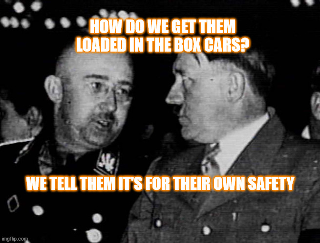 Grammar Nazis Himmler and Hitler | HOW DO WE GET THEM LOADED IN THE BOX CARS? WE TELL THEM IT'S FOR THEIR OWN SAFETY | image tagged in grammar nazis himmler and hitler,compliance,mask,boxcars | made w/ Imgflip meme maker