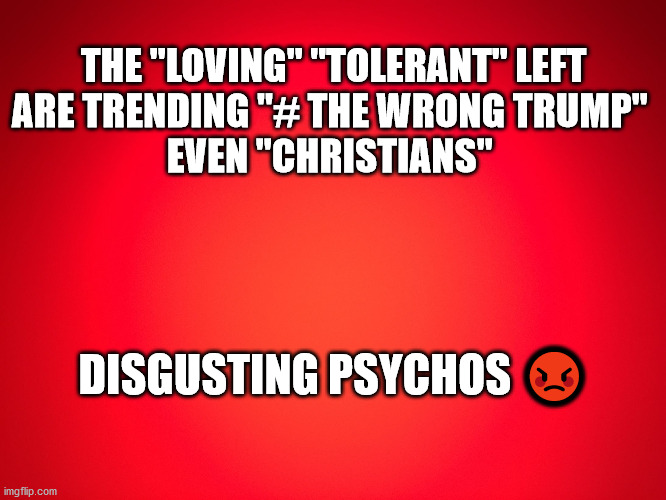 Red Background | THE "LOVING" "TOLERANT" LEFT
ARE TRENDING "# THE WRONG TRUMP" 

EVEN "CHRISTIANS"; DISGUSTING PSYCHOS 😡 | image tagged in red background | made w/ Imgflip meme maker