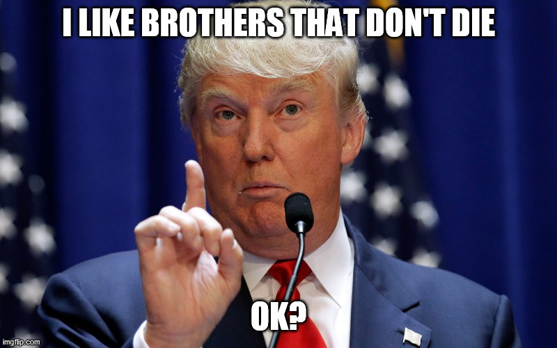 On "Low Energy" Robert Trump | I LIKE BROTHERS THAT DON'T DIE; OK? | image tagged in donald trump | made w/ Imgflip meme maker