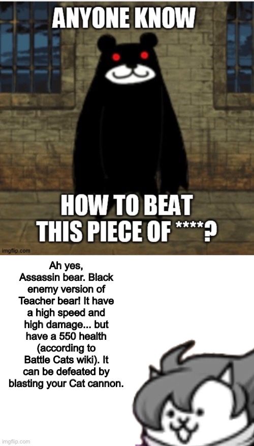 To Legendloli: an advice to defeat this sh*t | Ah yes, Assassin bear. Black enemy version of Teacher bear! It have a high speed and high damage... but have a 550 health (according to Battle Cats wiki). It can be defeated by blasting your Cat cannon. | image tagged in memes,funny,assassin,bear,battle,cats | made w/ Imgflip meme maker