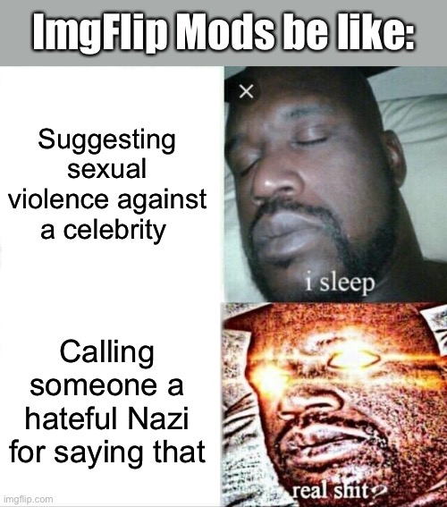 I countered someone’s hate & misogyny by calling him “Mr. Upvote Nazi” & my comment got modded. 24 hour time out starts again! | ImgFlip Mods be like:; Suggesting sexual violence against a celebrity; Calling someone a hateful Nazi for saying that | image tagged in memes,sleeping shaq,misogyny,hate,sexual assault,sexist | made w/ Imgflip meme maker