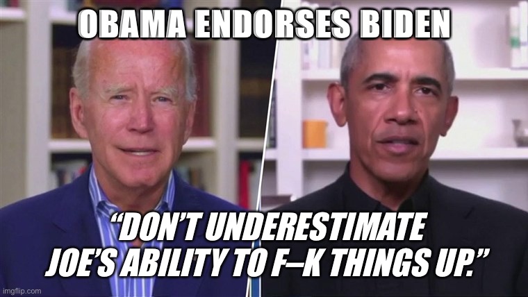 Obama endorses Biden | OBAMA ENDORSES BIDEN; “DON’T UNDERESTIMATE JOE’S ABILITY TO F–K THINGS UP.” | image tagged in joe biden,barack obama,endorsement | made w/ Imgflip meme maker