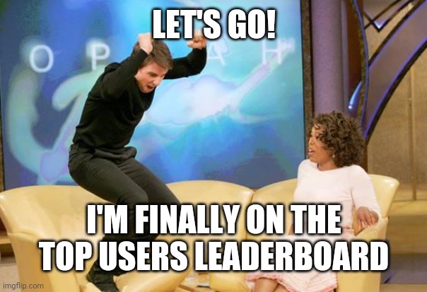 :D | LET'S GO! I'M FINALLY ON THE TOP USERS LEADERBOARD | image tagged in congratulations | made w/ Imgflip meme maker