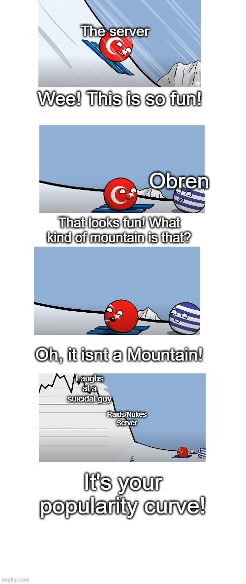 Obren raids/nukes server | The server; Wee! This is so fun! Obren; That looks fun! What kind of mountain is that? Oh, it isnt a Mountain! Laughs at a suicidal guy; Raids/Nukes Server; It's your popularity curve! | image tagged in serbia,inside joke,general,knowledge | made w/ Imgflip meme maker