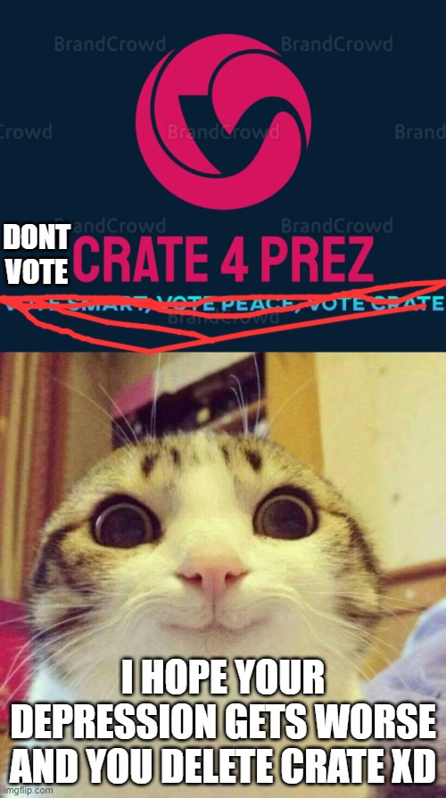 DONT VOTE; I HOPE YOUR DEPRESSION GETS WORSE AND YOU DELETE CRATE XD | image tagged in memes,smiling cat,crate 2020 | made w/ Imgflip meme maker