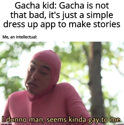 Gacha kid: Gacha is not that bad, it's just a simple dress up app to make stories; Me, an intellectual: | image tagged in gacha,pink guy | made w/ Imgflip meme maker