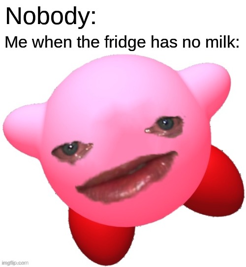 sad kirby | Nobody:; Me when the fridge has no milk: | image tagged in sad kirby | made w/ Imgflip meme maker