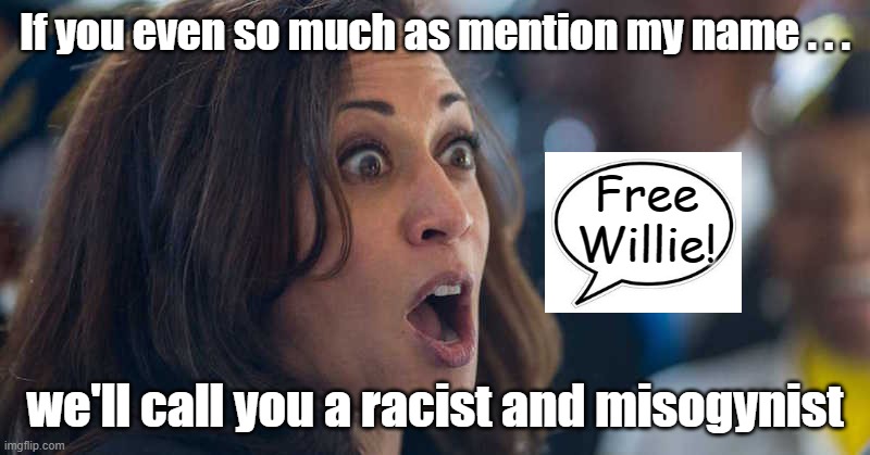 Kamala Strategies | If you even so much as mention my name . . . Free
Willie! we'll call you a racist and misogynist | image tagged in kamala harriss | made w/ Imgflip meme maker